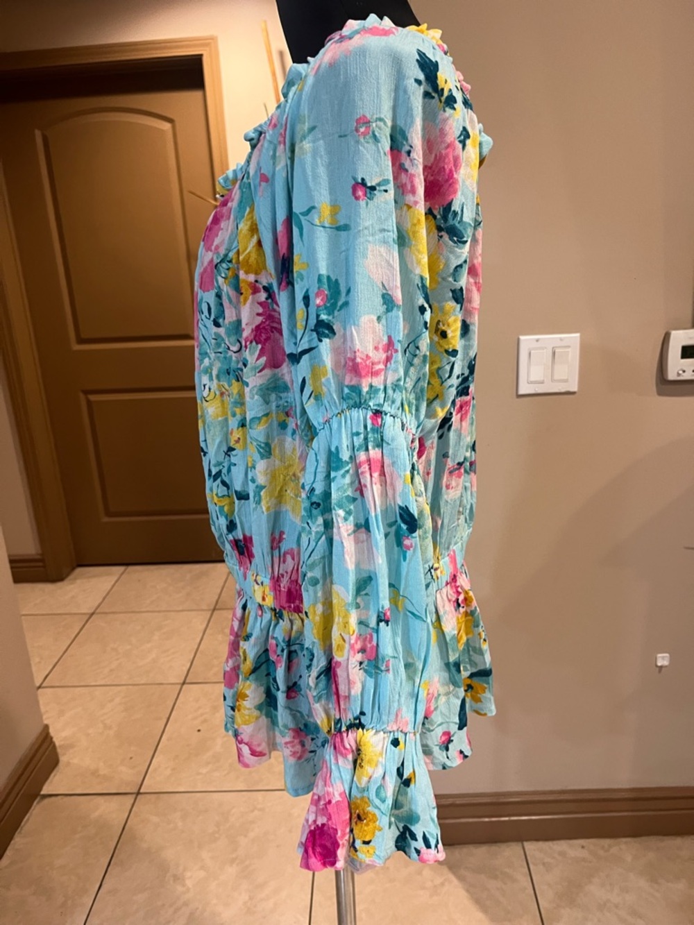 Light Blue Floral Ruffled Peasant Blouse - Women's Top - Picture 4 of 6